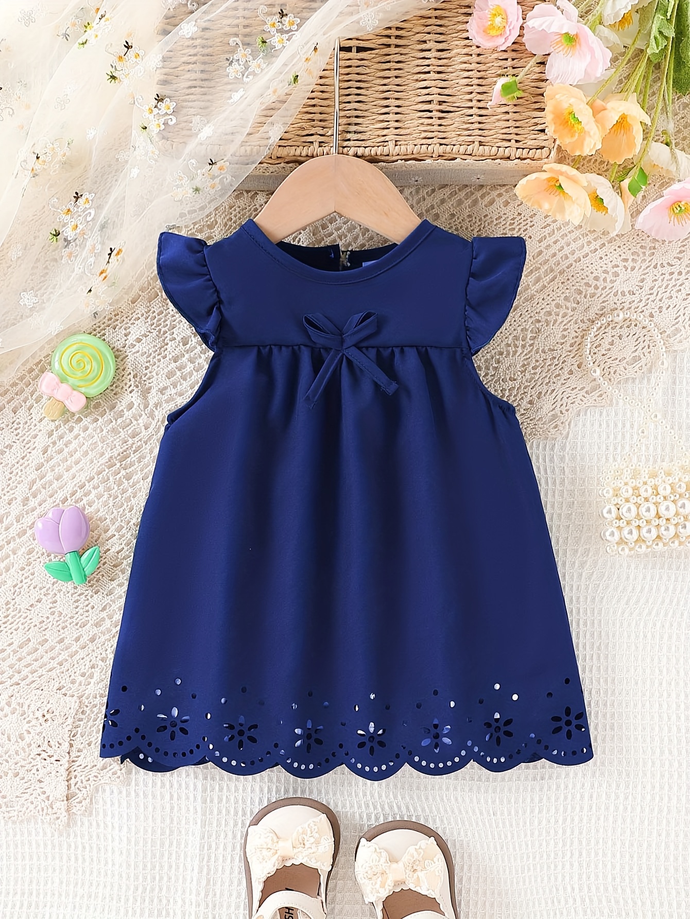 spring summer girls solid color dress girls flutter sleeve - Temu