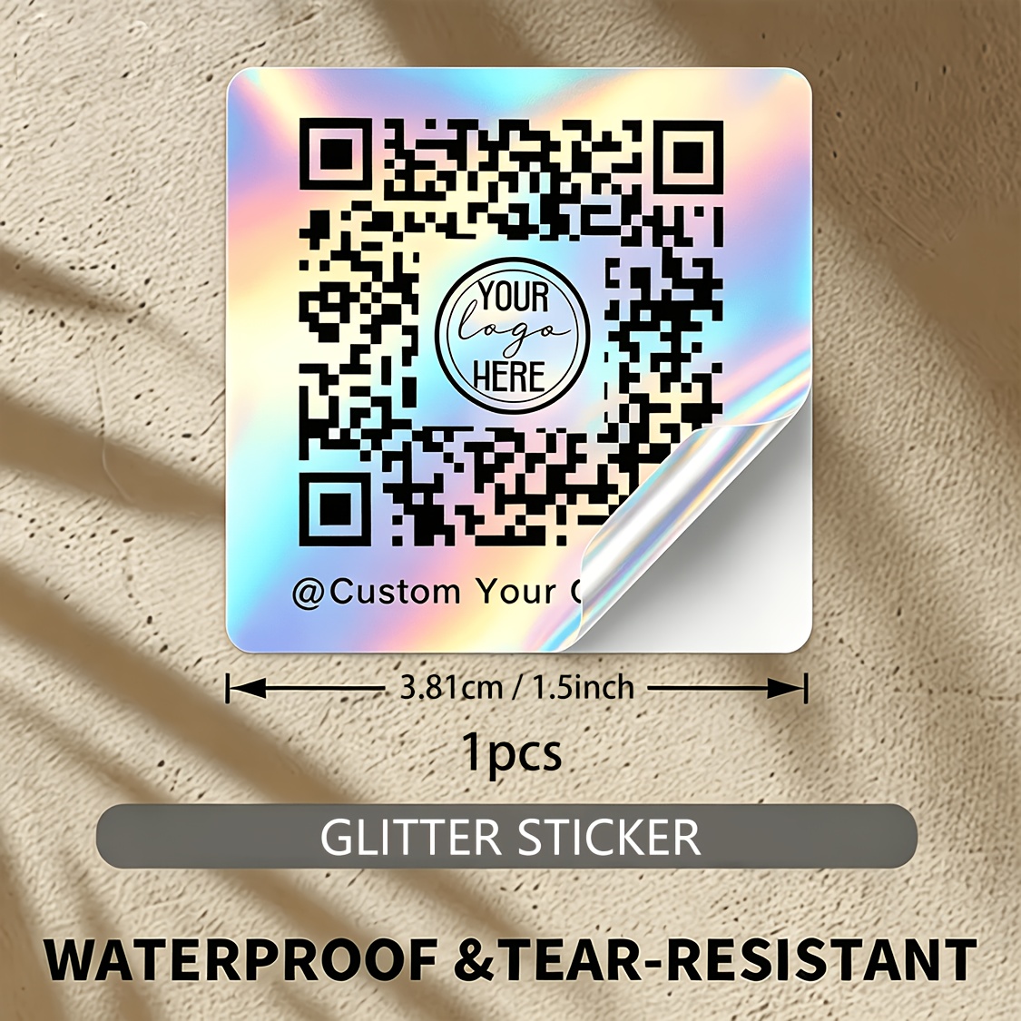 TEMU Personalized Waterproof Square Stickers With Logo Text, Custom Waterproof White/ Transparent/glitter Printed Square Stickers, 1.5/2/2.5/3/3.5in