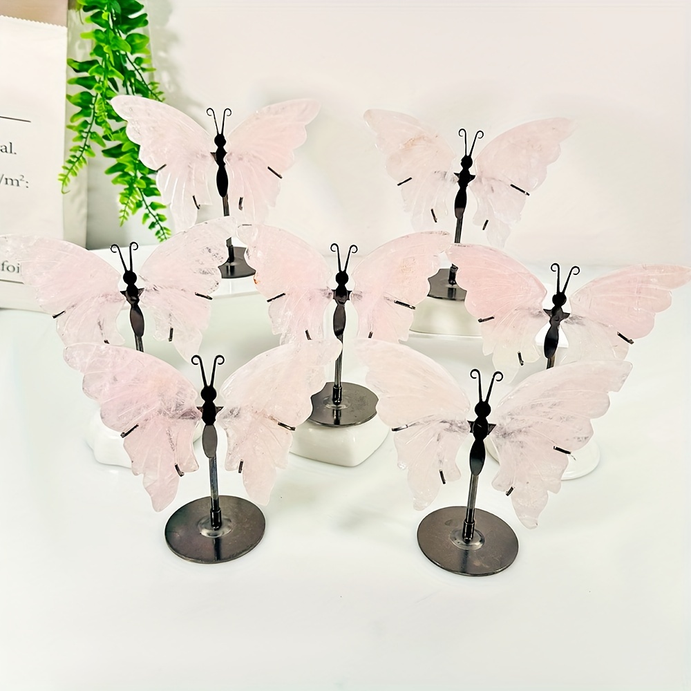 

1pc Natural Rose Quartz Butterfly Wings With Stand, Crystal Carving Quartz, Crystal Craft Gift, Room Decor, Home Decoration