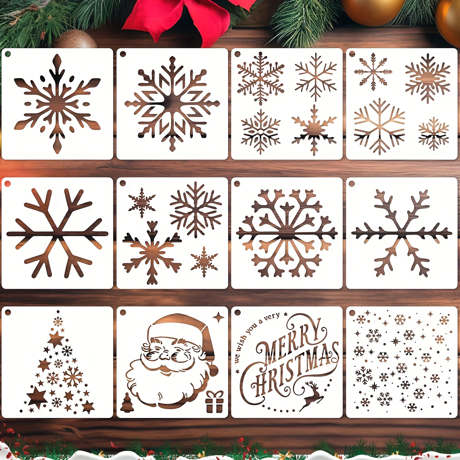 TEMU 12pcs Christmas Stencils Template Reusable Plastic Painting Stencils Craft Christmas Window Stencils Snowflake Drawing Template For Painting On