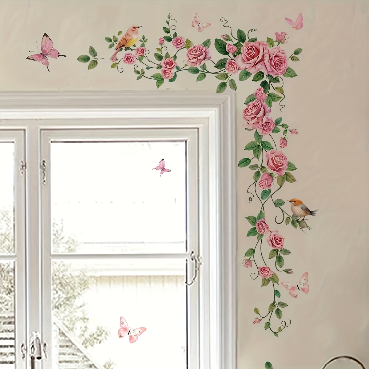 Image of 1pc Of Pink Rose Vine Stickers With Birds And Butterflies, Home Decor Door Stickers, Suitable For Bedrooms, Living Rooms, , And Door Decorations