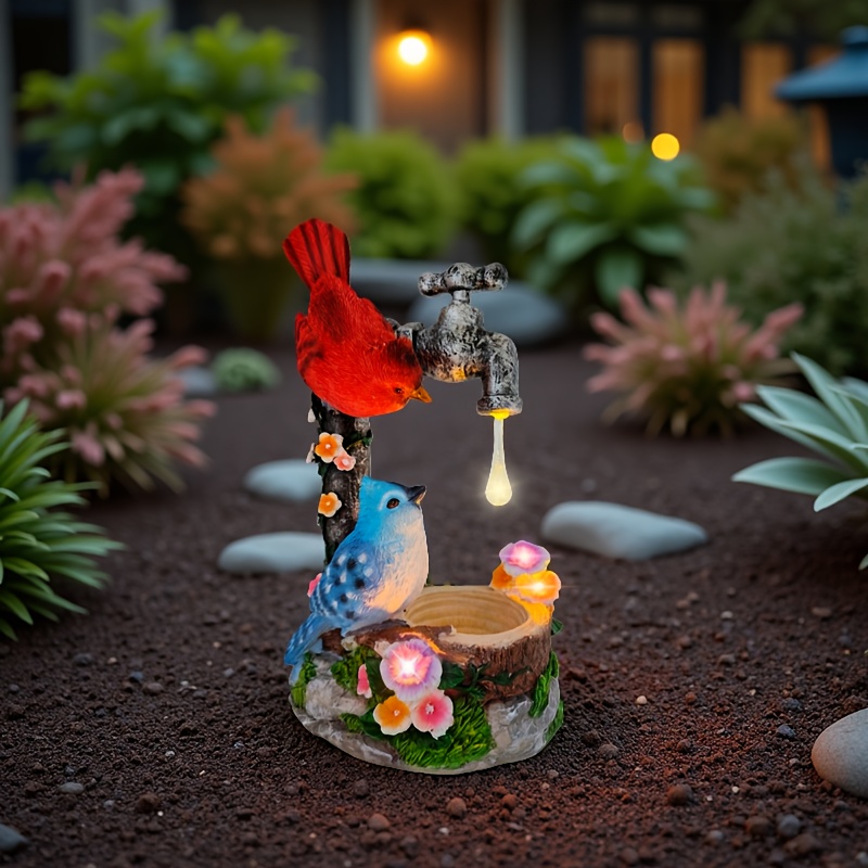 TEMU Solar Outdoor Statue With Bird Feeder, 12inch Resin Garden Decor Color Changing Faucet Fountain Figurine Light Outdoor, Red Bird Ornaments For