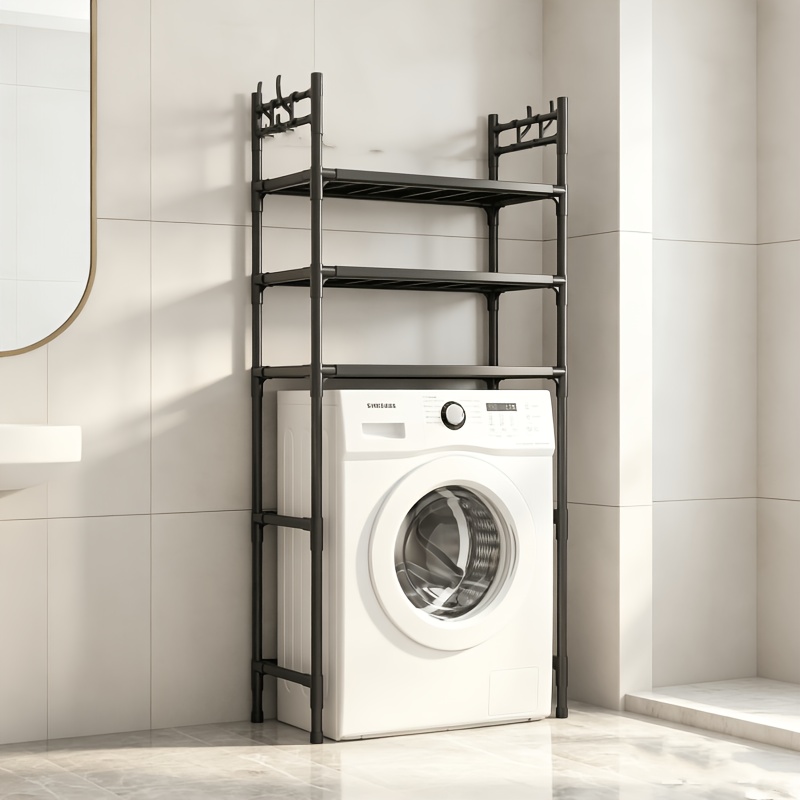 TEMU Étagère de rangement au-dessus des toilettes, organisateur de salle de bain à 3 niveaux avec crochets latéraux, support de rangement autoportant