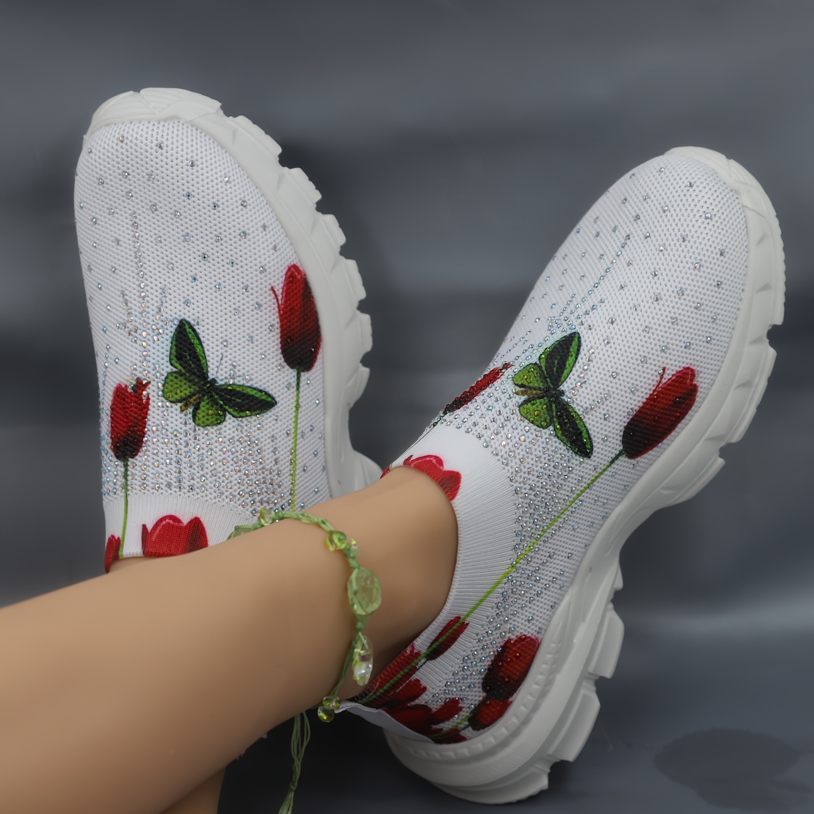 

Women's Rhinestone Casual Knitted Sneakers, Slip On Lightweight Soft Sole Rose & Butterfly Shoes, Breathable Low-top Sock Shoes