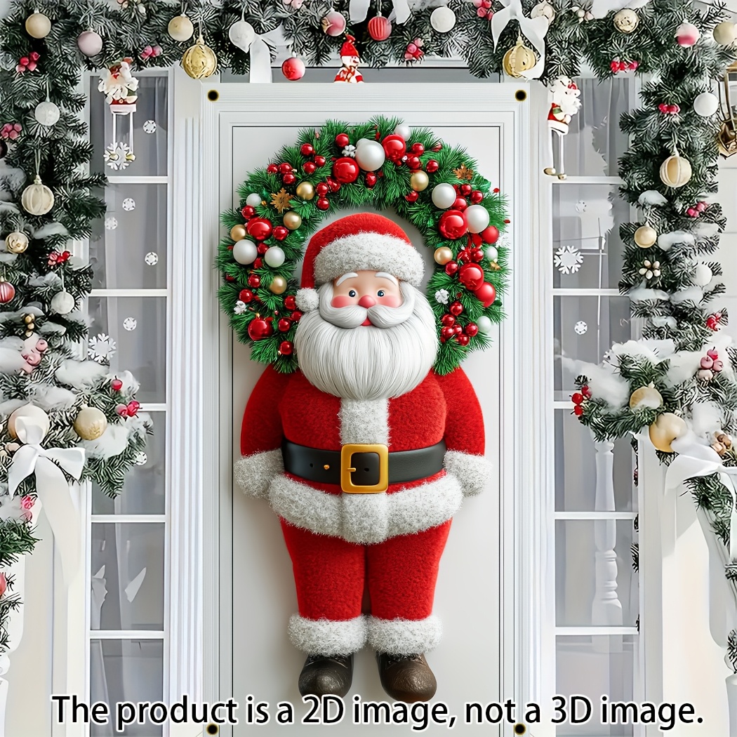 

1pc Modern Polyester Santa Claus Over-the-door Hanging Decor, Knit Fabric Christmas Wreath With , No Batteries Required - Door Decoration