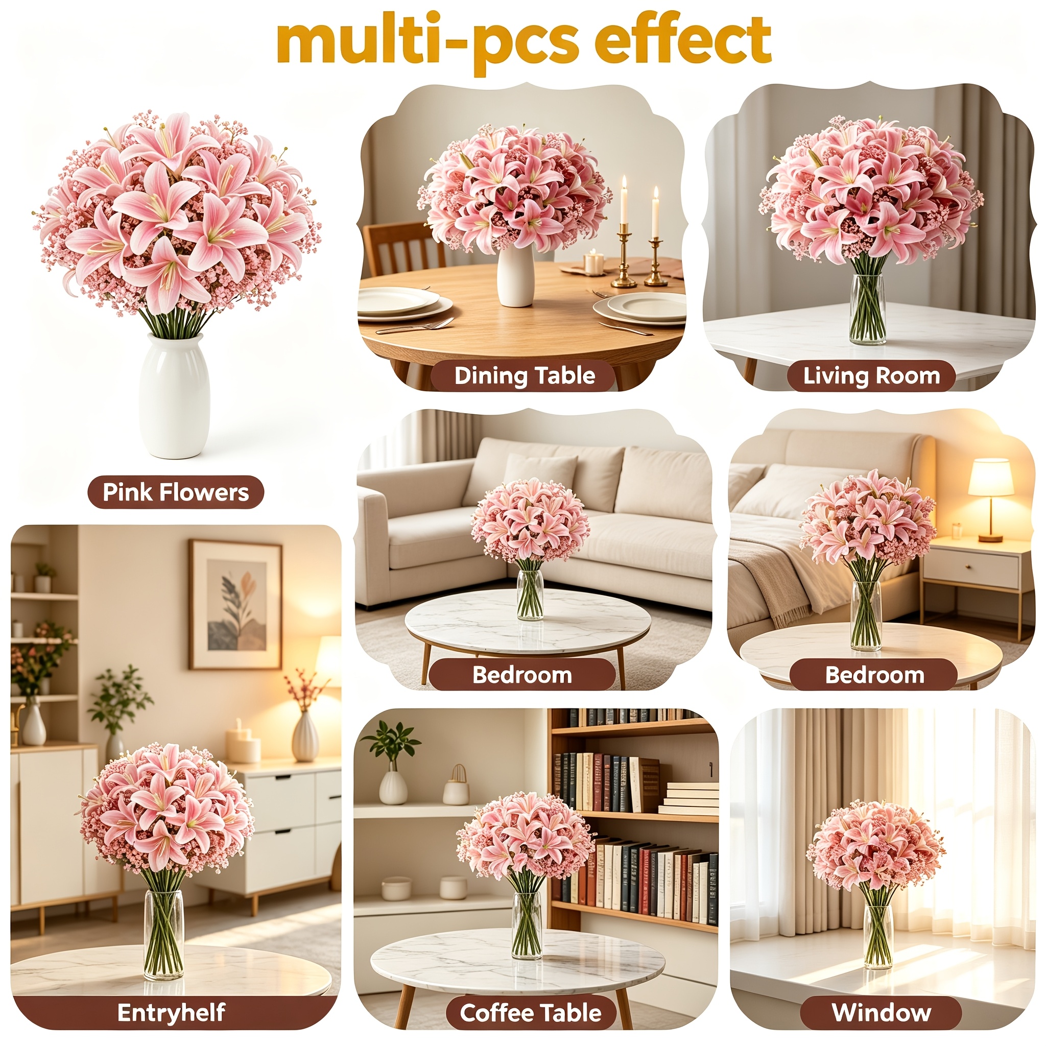 TEMU Ensemble de 13 pièces de bouquet artificiel roses et de gypsophile - 8 étoiles de gypsophile roses + 5 lys roses, arrangement | artificielles