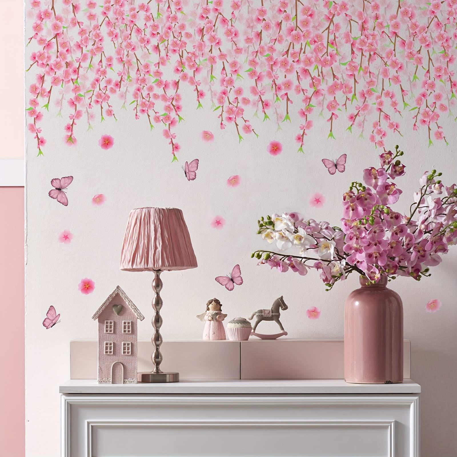 

Chic Pink & Floral Wall Decals - , Removable Pvc For Living Room, Bedroom, And Home Decor, Ms3178-yj