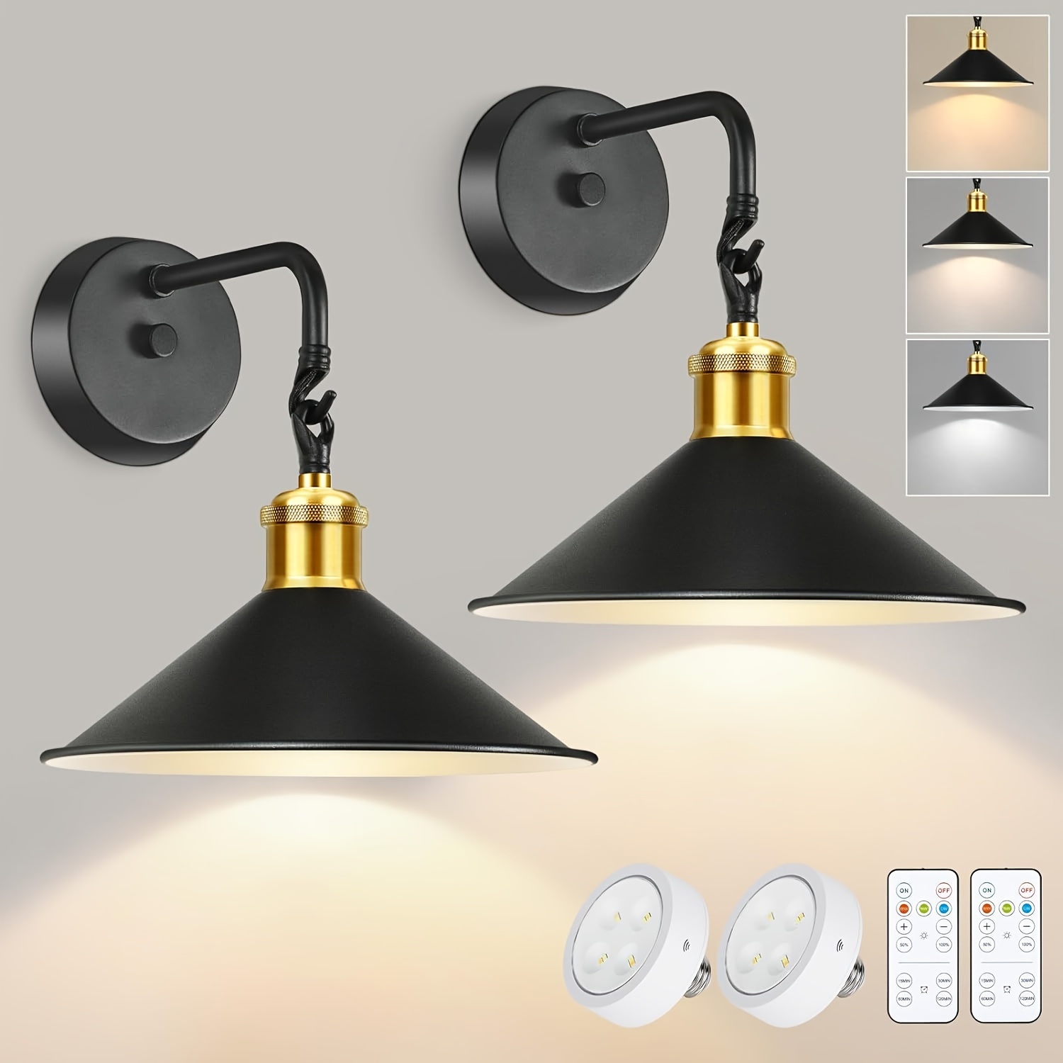 

Set Of 2 Battery Operated Wall Sconces With Remote, Dimmable Wireless Or Hardwired Indoor Wall Light Fixture, 3000k/4000k/6000k Adjustable Black Wall Lamp For Bedroom Living Room, 2 Led Bulbs Included