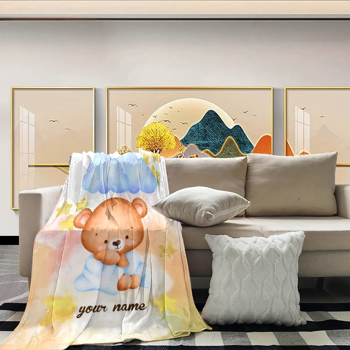 customizable cartoon bear print flannel throw blanket contemporary style   cozy knitted polyester blanket for multipurpose use decorative gift blanket for room decor personalized name option   details 2