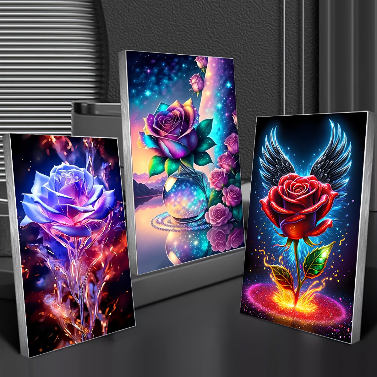 Image of 3pcs Of Diamond Painting With Rhinestones Featuring Flowers And Roses For Home Decoration, Mosaic Crafting, Size 30*40cm/15.75*11.81in