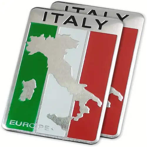 Italian Flag Aluminum Emblem Sticker Decal - 3.15"x2", Metallic Finish, For Cars & Trucks