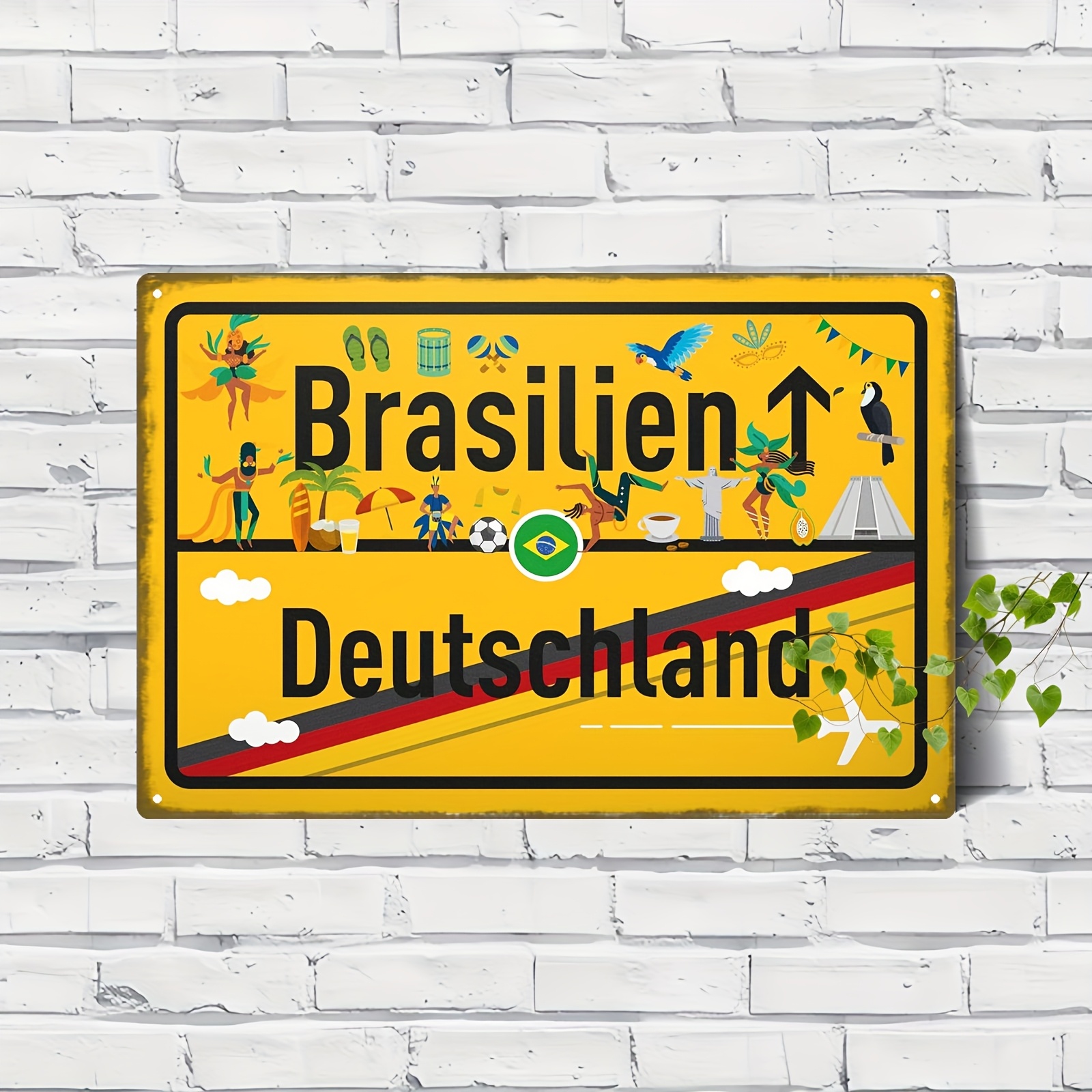 E-shop 2D Flach, 1 Stück Vintage Brasilien & Deutschland Reiseroute Metallschild - 20,32x30,48cm Eisen Wandkunst mit Kulturellen Ikonen, Traditionelle
