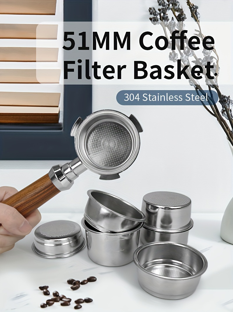 1pc Coffee Filter Basket Espresso 51mm Non Pressurized Filter Cup Stainless Steel For Deloinghi Portafilter 1 Cup 2 Cups 4 Cups Blind Machine Accessories Barista Tools