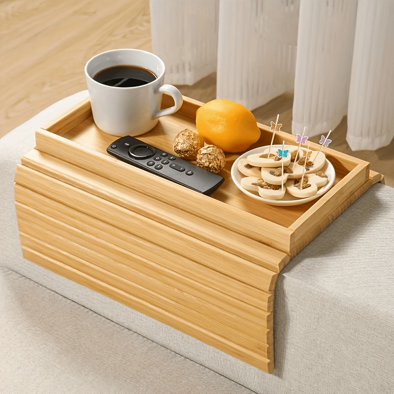 TEMU Sofa Arm Tray, Foldable Couch Armrest Table With Non-slip Pad, Wooden Snack Remote Caddy For Living Room Couch, Space-saving Breakfast Tray,