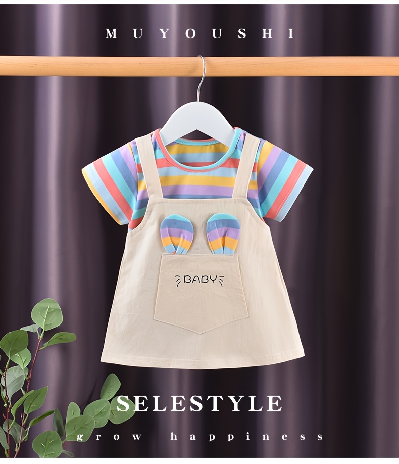 A New Baby Girl'S Summer Dress, Featuring Striped Short Sleeves And a Faux Two-Piece Design, Made of Pure Cotton, Perfect for Little Ones.