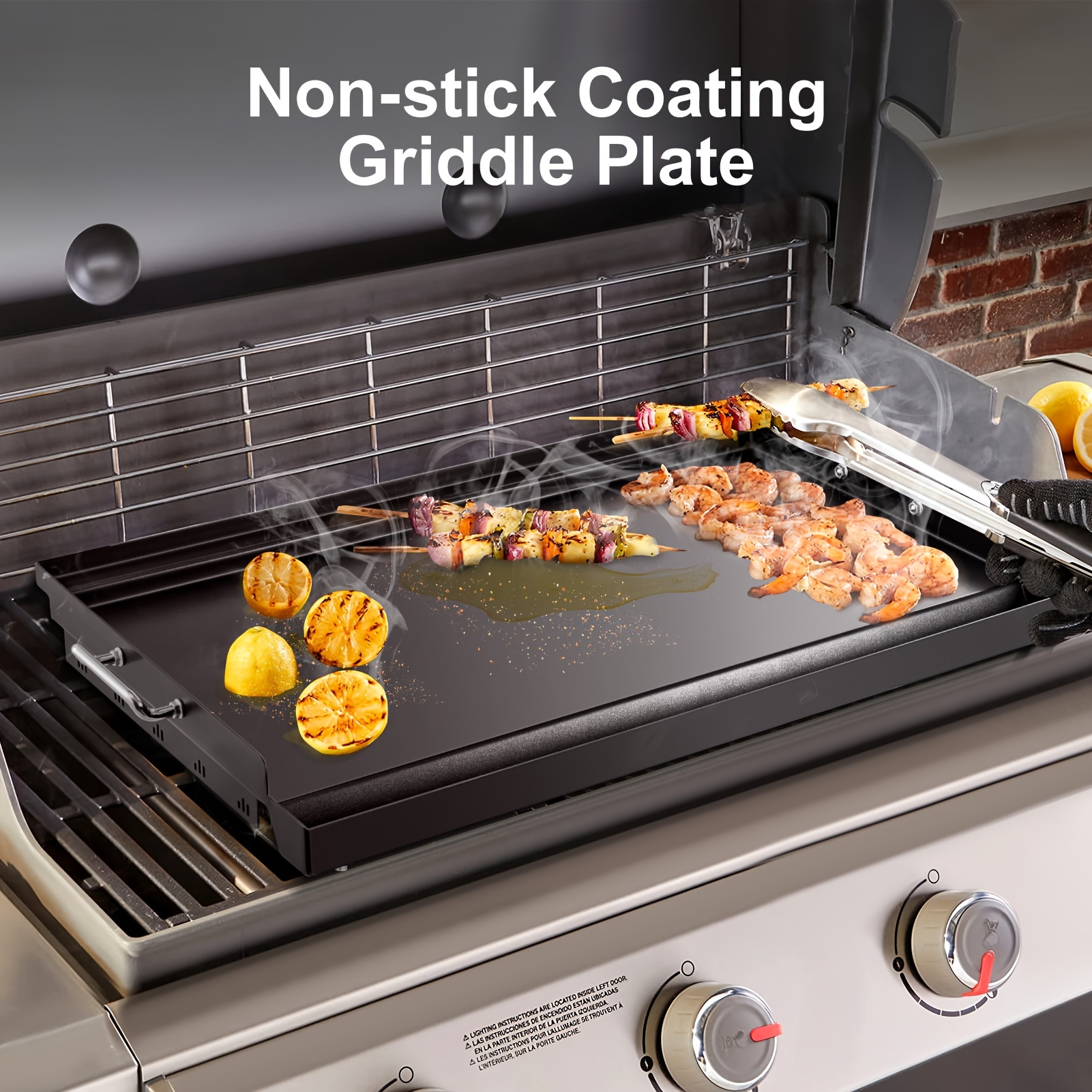 Durable Nonstick Carbon Steel Griddle Plate with Grease Handles  BBQ, Charcoal/Gas Grills, Indoor Outdoor Cooking, P