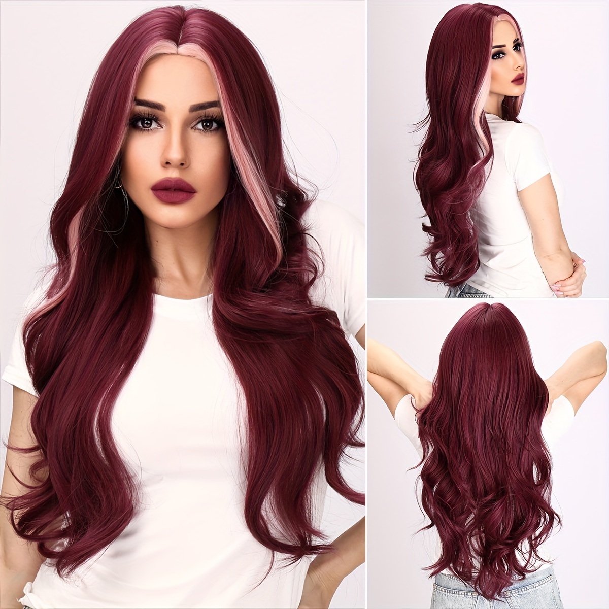 

Smilco 30inch Red Highlight Dyed Fashionable Curly Wig, Synthetic Crochet Wig For Women's Headwear