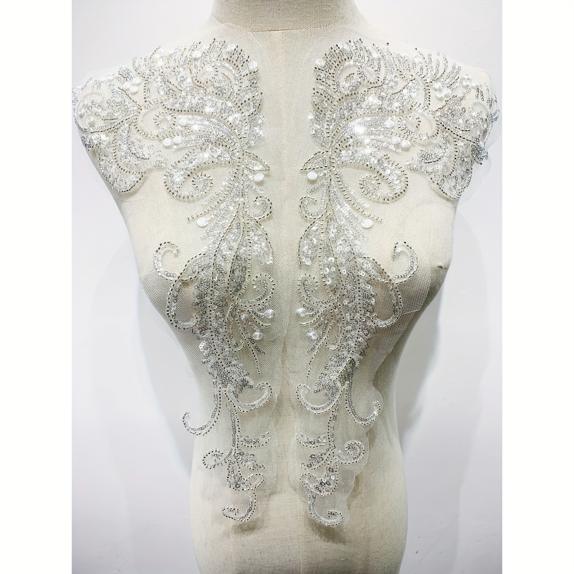 1 Pair White Intricate Beaded Pearl Embroidered Floral Cloth Patch Wedding Dress Decor Patch