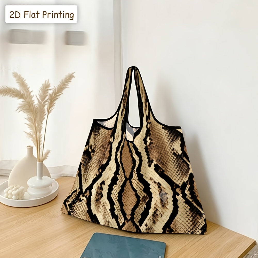 TEMU 2d Flat Printing, 1pc Capacity Portable Shopping Bag, Women's Travel Tote Bag With Snakeskin Pattern Print, Versatile High-end Handbag Suitable