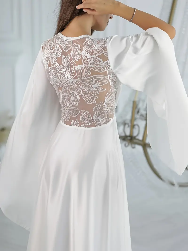 Women'S Silk Floor Length Robe, Back * Lace Flower Bathrobe, White Elegant Bridal Wedding Morning Gown, Romantic Honeymoon Robe, Satin Tie Robe For Wedding, Bachelorette Party Pajamas Dress Women'S Silk Floor Length Robe, Back * Lace Flower Bathrobe, White Elegant Bridal Wedding Morning Gown, Romantic Honeymoon Robe, Satin Tie Robe For Wedding, Bachelorette Party Pajamas Dress