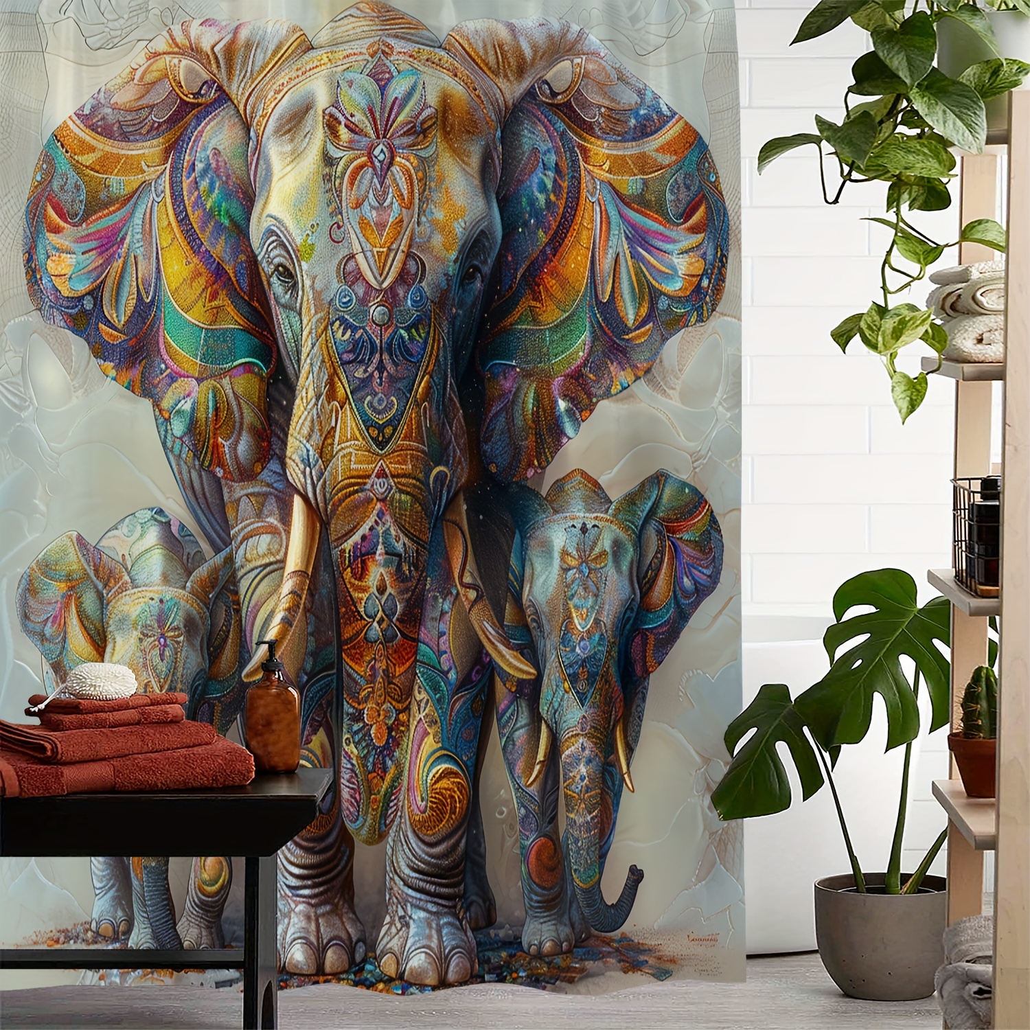 

1pc Colorful Elephant Print Waterproof Shower Curtain With 12 Hooks, 72x72 Inches, Decorative Bathroom And Window Curtain