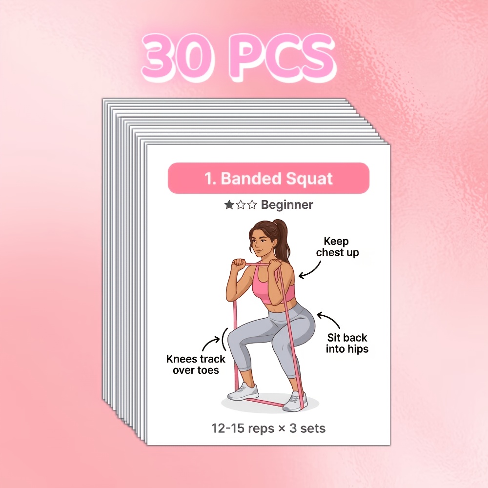 TEMU Lot de 30 cartes d'entraînement avec bandes de résistance - Ensemble d'exercices illustrés par | Cartes mémoire de musculation complète pour le