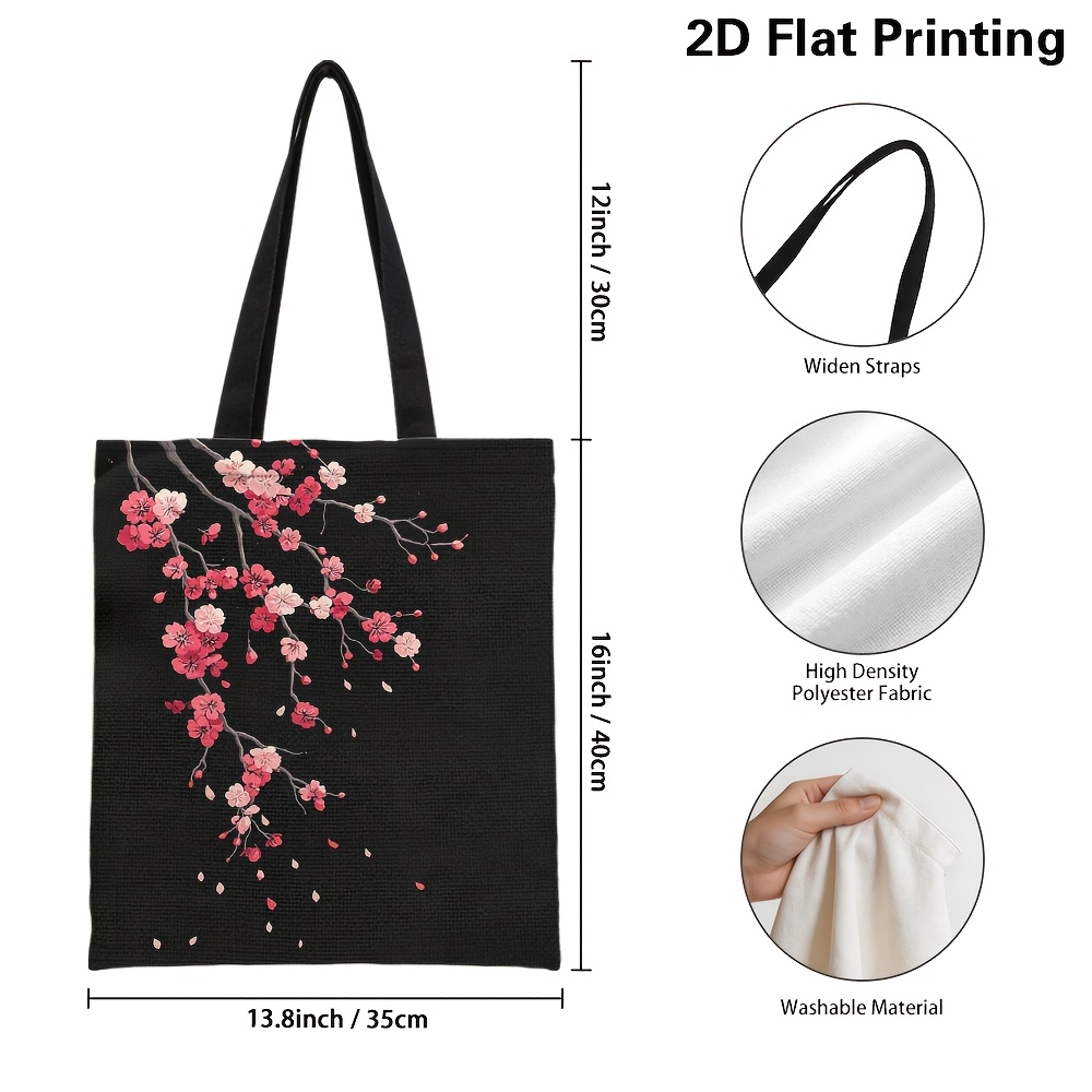 TEMU 1pc Stylish Cherry Blossoms Branch Pattern Tote Bag - Spacious Reusable Grocery Bags With Fixed Shoulder Strap, Versatile Handbag For Work,