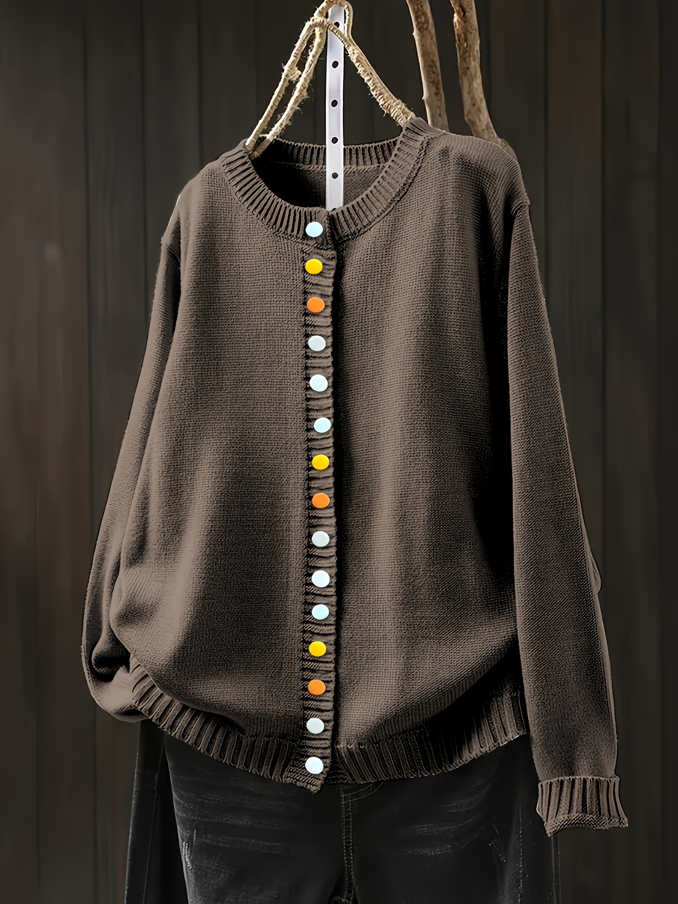plus size plus size womens casual cardigan with colorful button embellishments black long sleeve round neck spring autumn winter layered open front sweater medium stretch fabric non see through material coffee color 0
