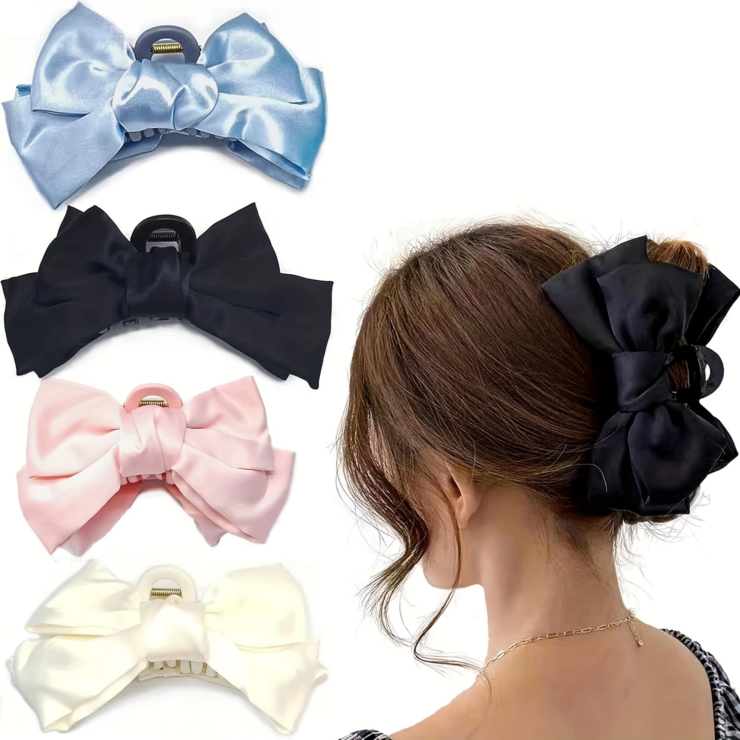 

4pcs Elegant Satin Bow Hair Claw Clips, Ponytail Holder, Suitable For Daily And Party Use, For Women 14+ Years Old