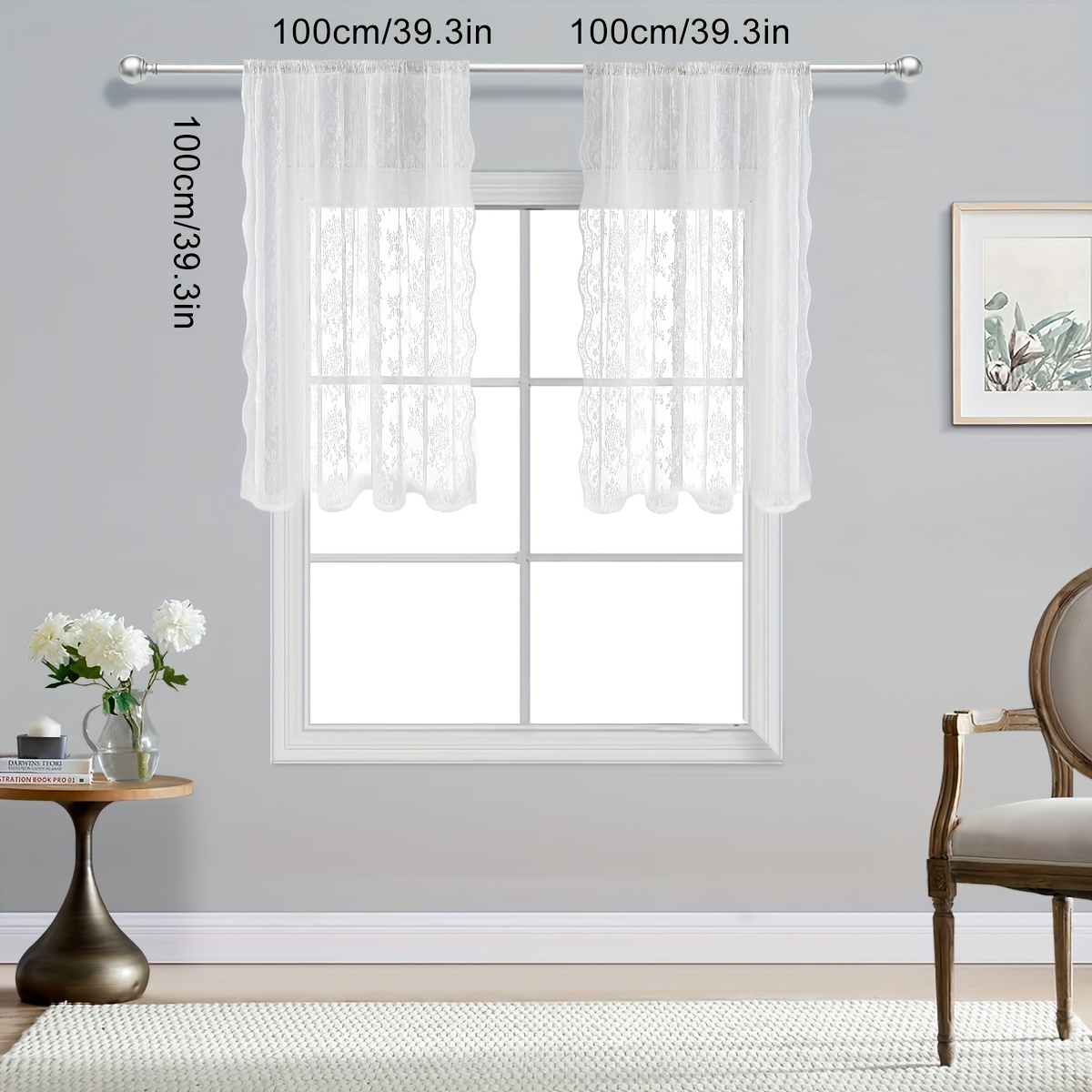TEMU 2pcs, French Romantic Lace Countryside Style Window Screen, Double-sided Lace Flower Rod Decorative Curtain Short Curtain, Suitable For