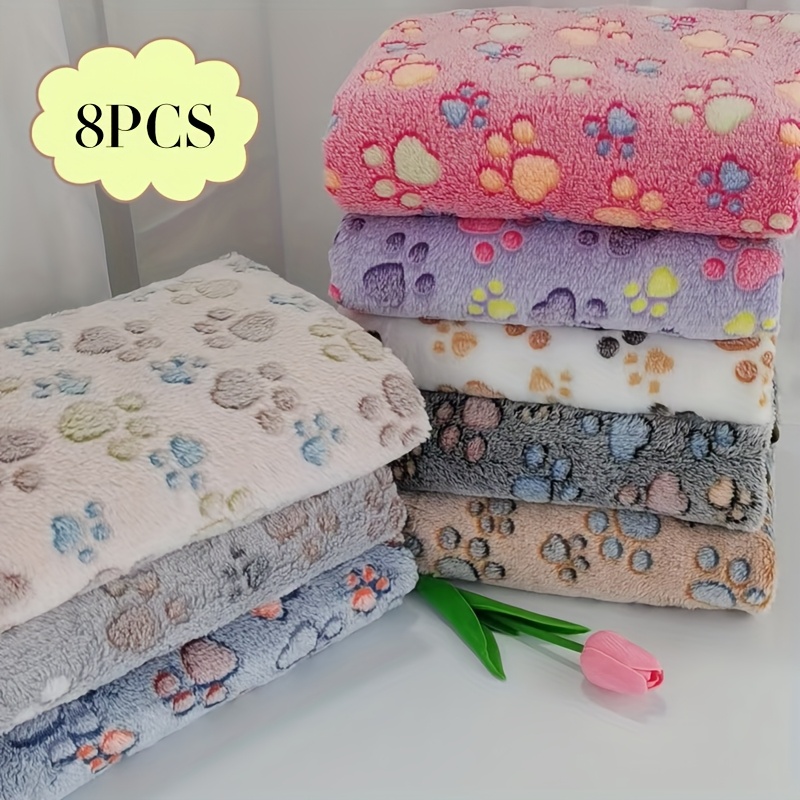 TEMU 8pcs Flannel Pet Blankets With Adorable - High-quality Polyester, Machine Washable, , , Colorful Paw & Floral Patterns, Blankets|cozy Pet