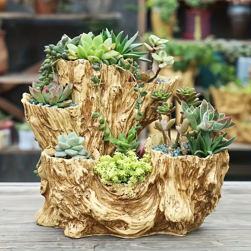 

Vintage-inspired Resin Succulent Planter With Drainage Holes - Unique Irregular Wood Design, Perfect For Indoor/outdoor Decor & Garden Accents, Ideal Gift