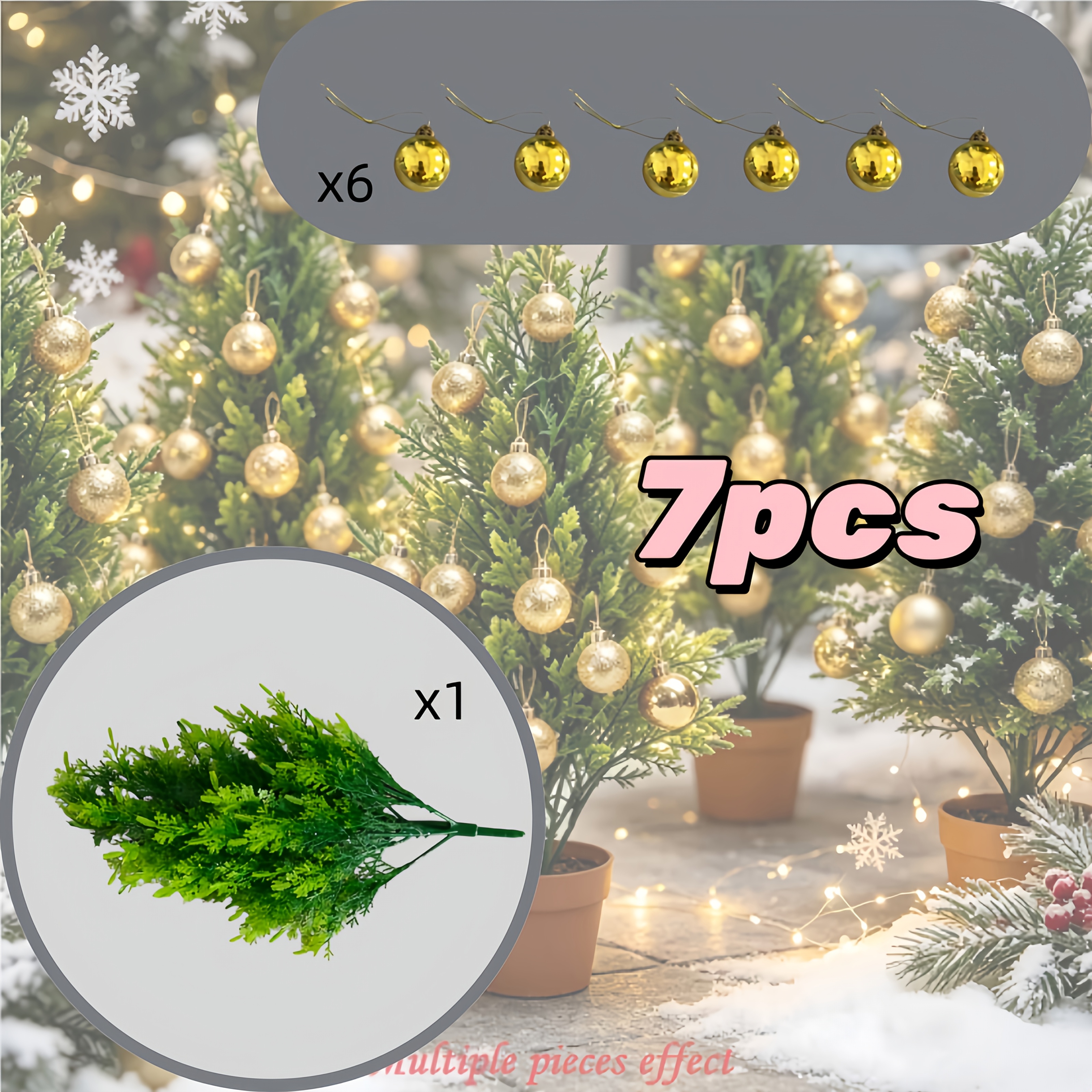 TEMU 7pcs Large Artificial Pine Tree Set With Sparkling Golden-pink Spheres - Realistic Outdoor/ -standing Christmas Tree Suitable For Wedding,,,