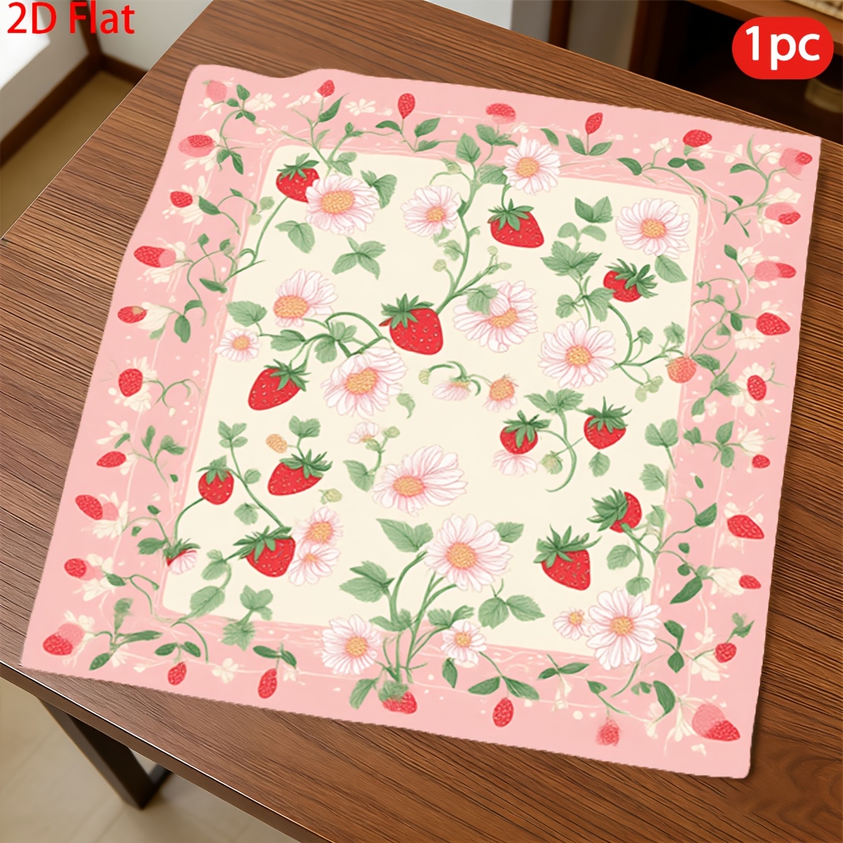 TEMU 2d Flat, 1pc Women's Strawberry Flower & Green Leaf Square Scarf - Reusable Suitable For Travel, Machine Washable Square Shawl With Strawberry