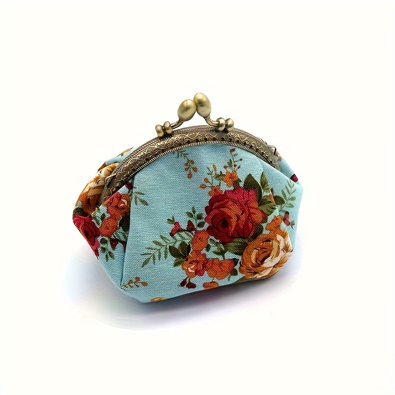 E-shop Vintage Umklapp-Clutch mit Kuss-Verschluss, Stoff-Geldbörse mit Rosen-Druck, Kartenhalter, Schlüssel-Organizer, leichte Münzbörse, Geschenktüte