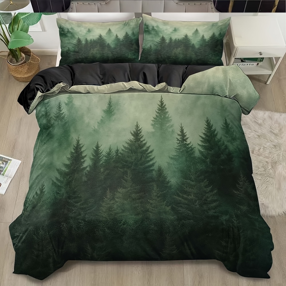 TEMU 3pcs Forest Theme Realistic Style Mist Forest Pattern Polyester Printed Duvet Cover Set, Soft And Comfortable Fabric Without Filling, Suitable