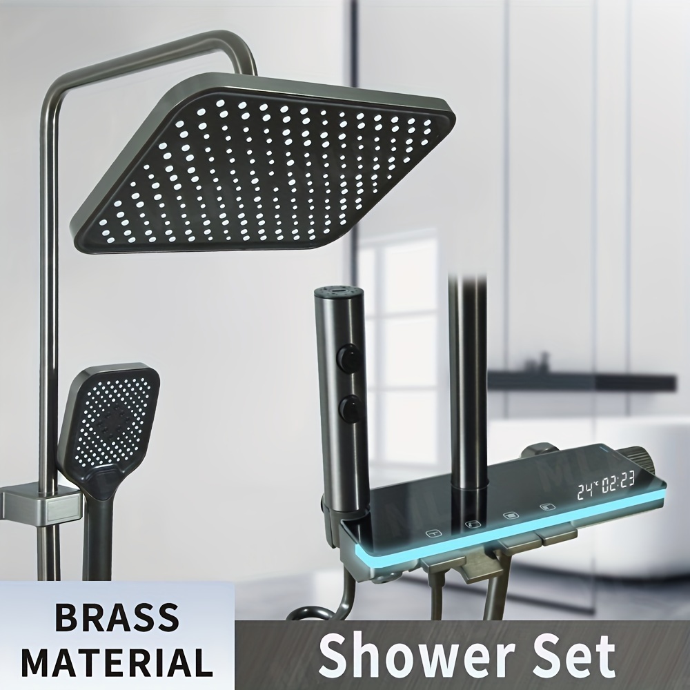 mld 4 mode shower system kit with digital display ambient light high pressure rain shower head handheld shower stylish brass rectangle design hydroelectric power operated wall mounted mixer shower set for bathroom accessories details 0