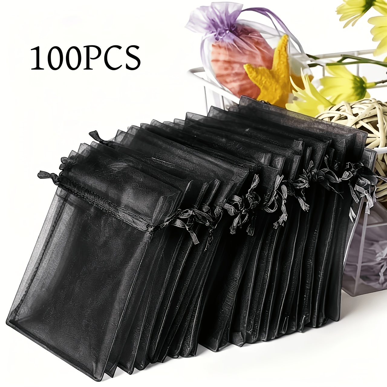 TEMU Lot de 100/50 sachets en organza noir 2,76×3,54 pouces avec cordon de serrage en , sacs cadeaux de mariage, pochettes à bijoux, sachets de