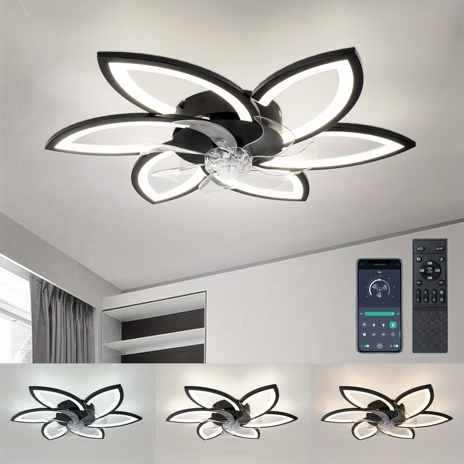 

1pc Ceiling Fan With Lights Remote Control, Modern Low Profile Flush Mount Ceiling Fan With Lights, Dimmable Ceiling Fans 3 Color 6 Speed For Bedroom Living Dining Room Kitchen - White, Black, Golden