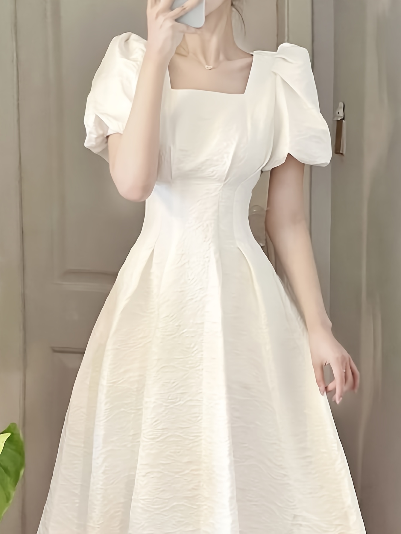 a line v neck long prom dress Modern A-line Satin Wedding Gown with Square Neck – loveangeldress main image 0