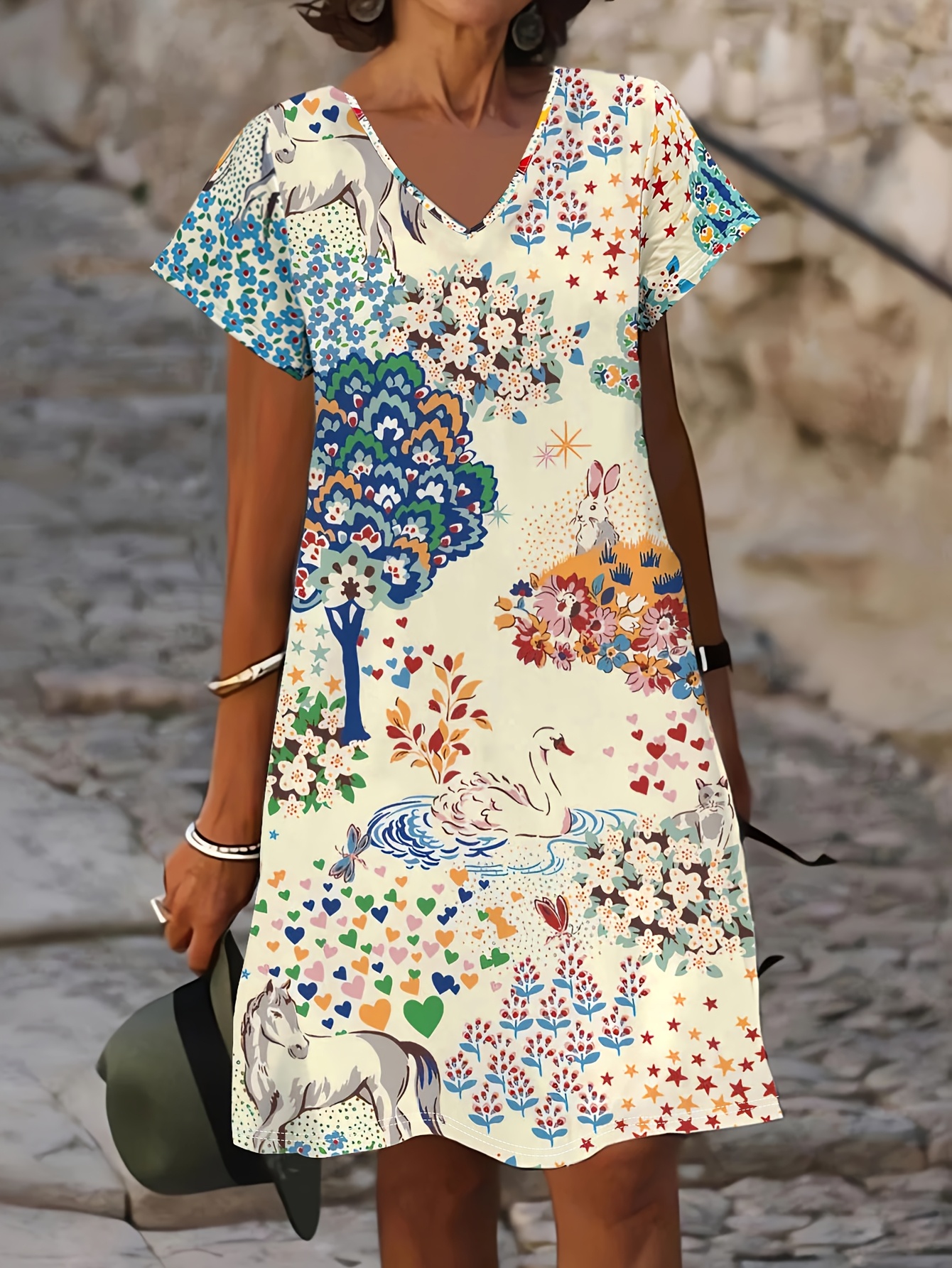 womens floral print v neck short sleeve dress lightweight Temu