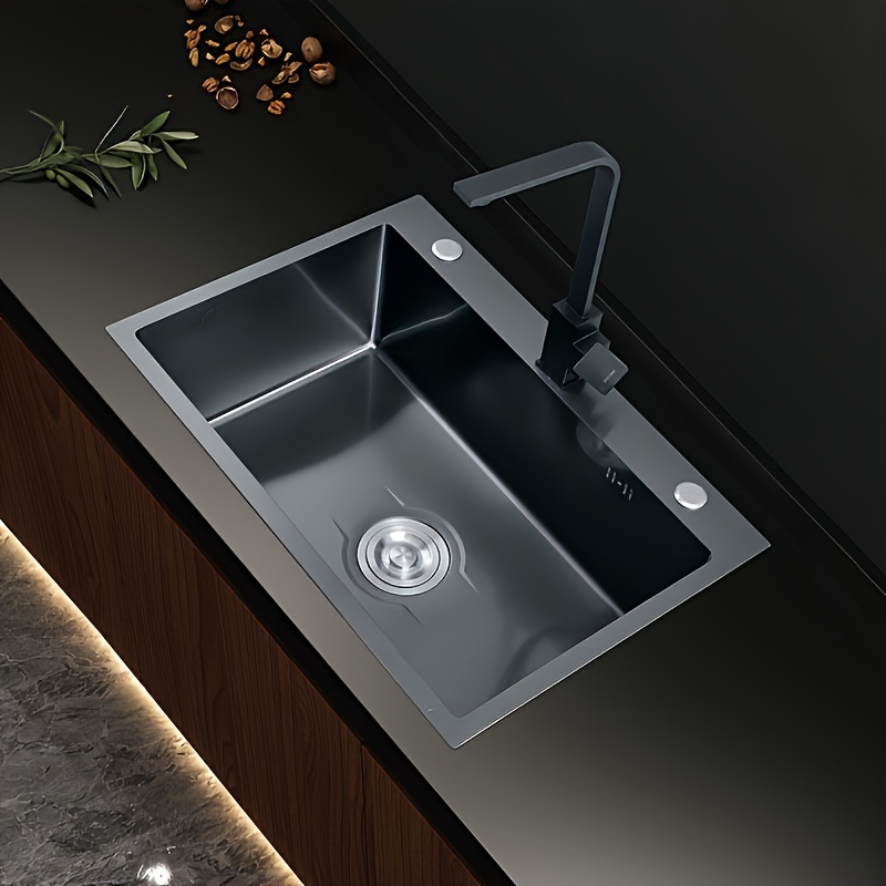 

sleek Nano" Handcrafted Black Stainless Steel Kitchen Sink - Thickened, Single Basin With For Easy Cleaning