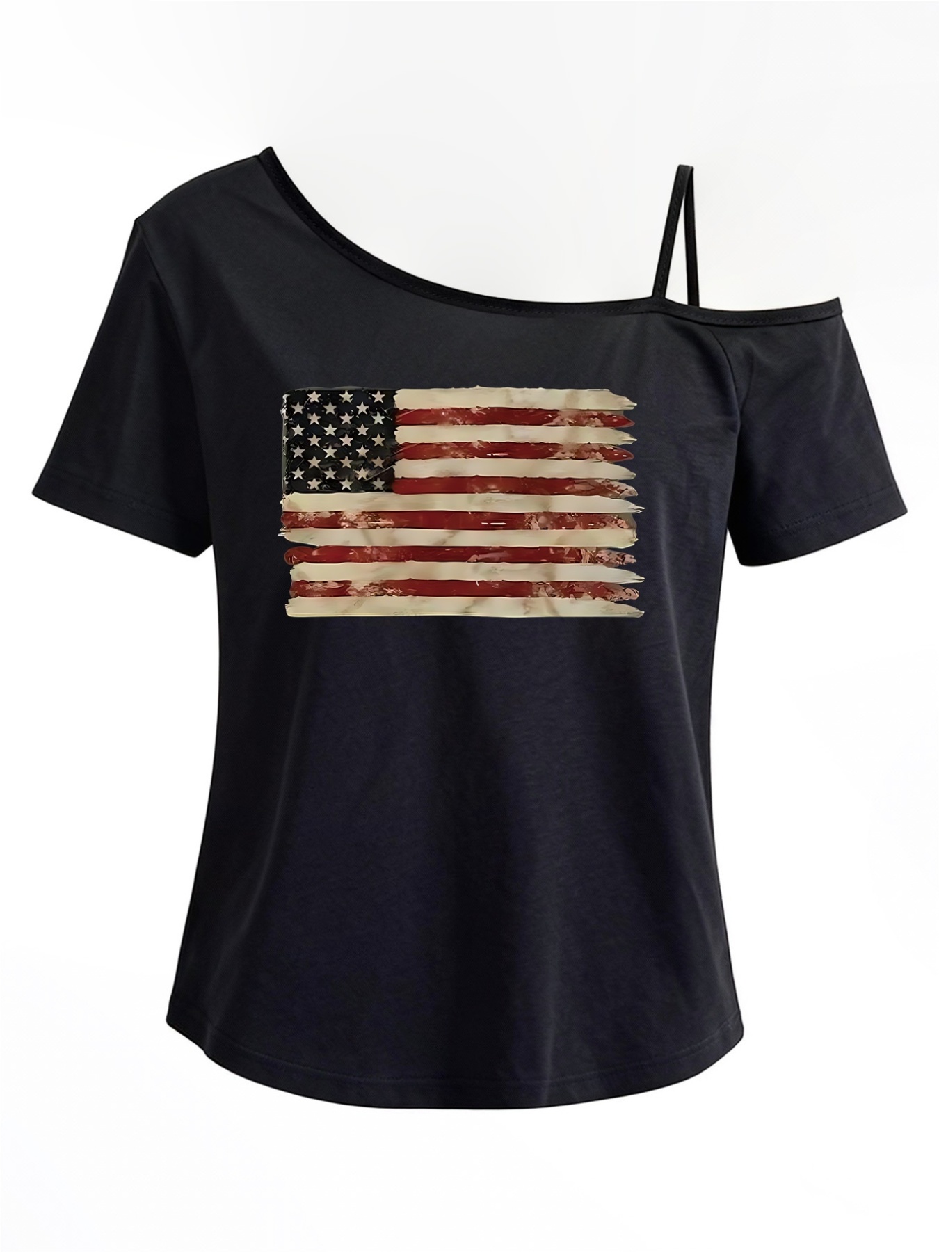 one shoulder short sleeve t shirt american flag print   fashion top slanted shoulder strap   off shoulder style casual and comfortable