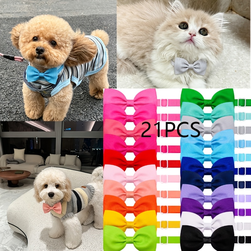 TEMU 21pcs Solid Color Grosgrain Ribbon Pet Bow Ties, Adjustable Elastic Collar Bow Neck Ornaments For Small Medium Dogs Cats Teddy Maltese Kitten,