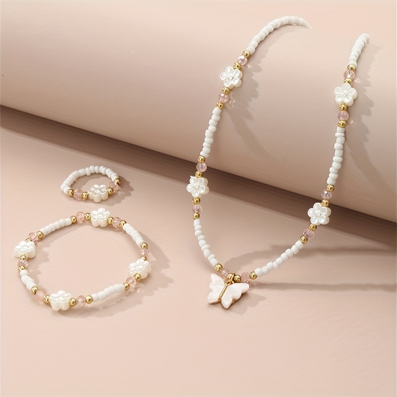 

3pcs White Flower & Butterfly Necklace Bracelet Ring Set, Ideal Choice For Gifts