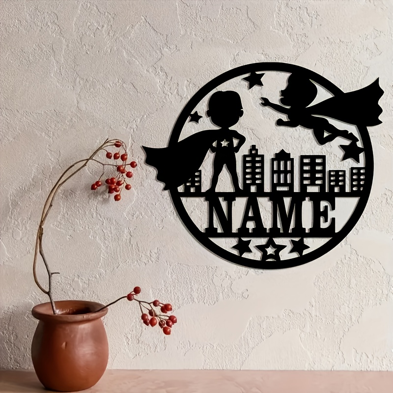 TEMU 1 Custom Metal Superhero Wall Decor - Personalized Name/text, Silhouette Of A Hero With City Designs, Durable Indoor & Outdoor Use For Room