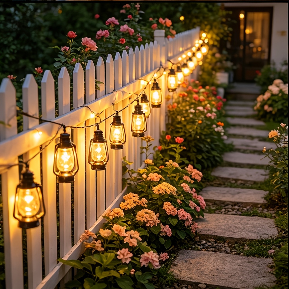 Image of 5m 20led Solar Kerosene Lamp String Lights, Vintage Nostalgic Decorative Lights For Garden Yard Balcony Warm Atmosphere, Outdoor Party Camping Background Decor, Holiday Romantic Night Light