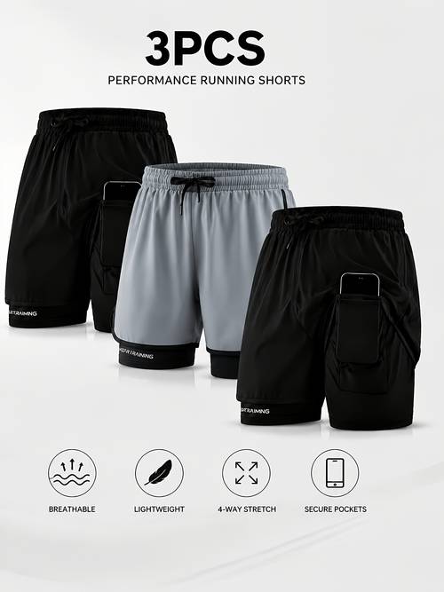 imagem do item conjunto de 3 calções de corrida 2- com bolso para telemóvel, calções desportivos de ginásio de secagem rápida e respiráveis com elástico na cintura para treino, fitness e jogging