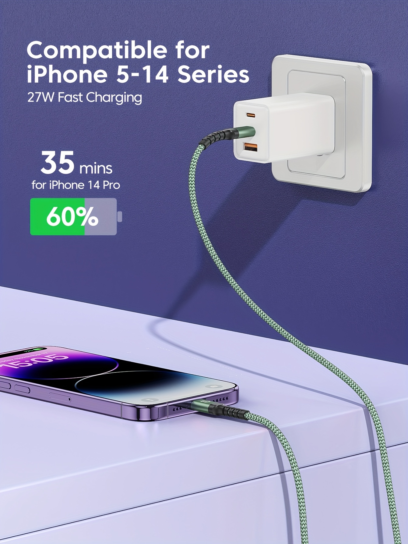 cavo di ricarica usb-c a lightning per iphone, cavo in nylon intrecciato compatibile con iphone 14 13 12 11 pro xr xs 8 7 6 , ipad e , caricamento Dettagli dell'articolo 2