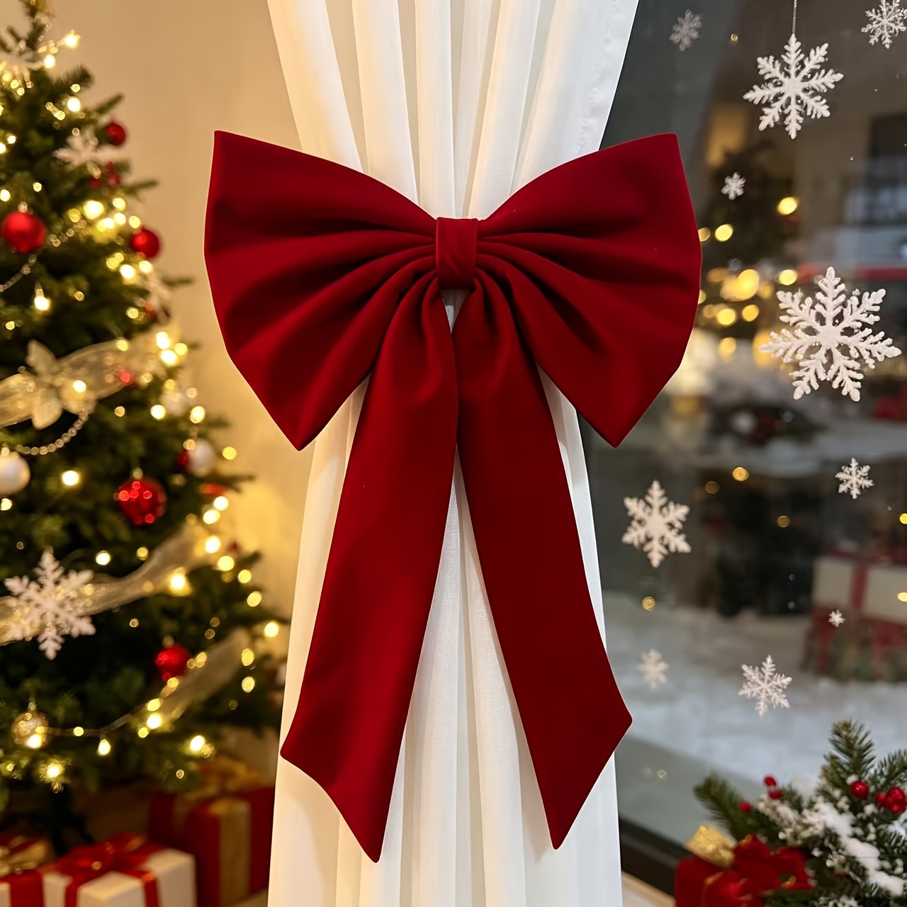 TEMU Christmas Red Velvet Bow Curtain Tieback, Festive Curtain Holdback , No Drill Curtain Strap For Holiday Decoration